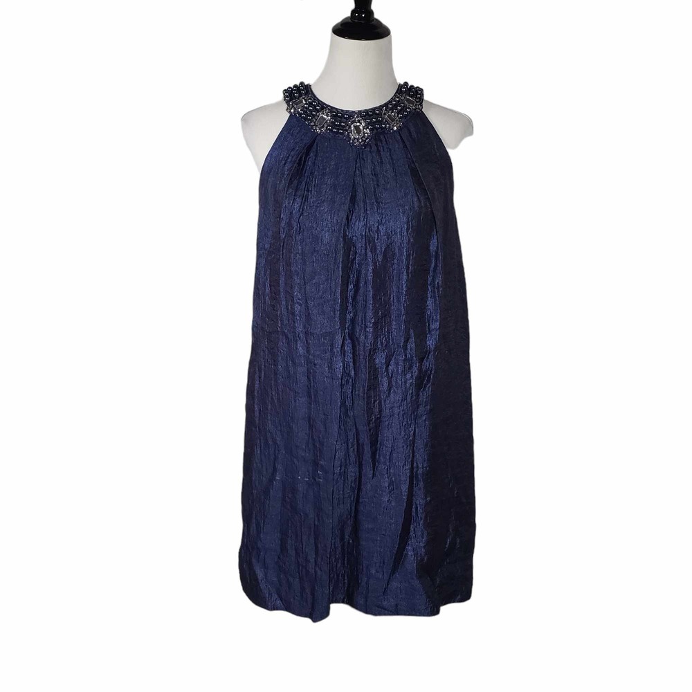 R&M Richards size 8 Halter Neck Blue Metallic Shift Jeweled Cocktail Dress As Is